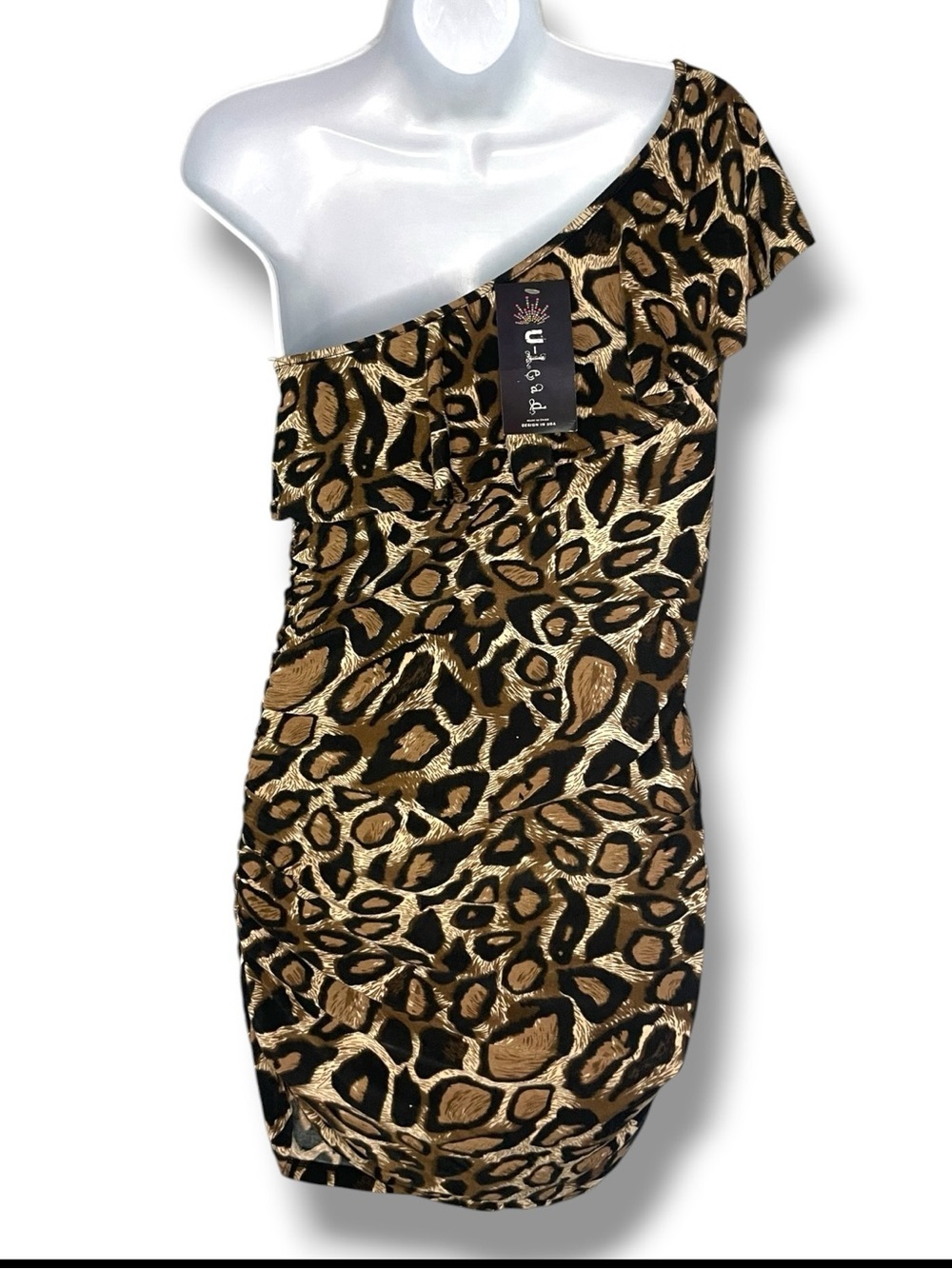 One-Shoulder Leopard Print Ruffle Dress in Brown - Picture 3 of 8